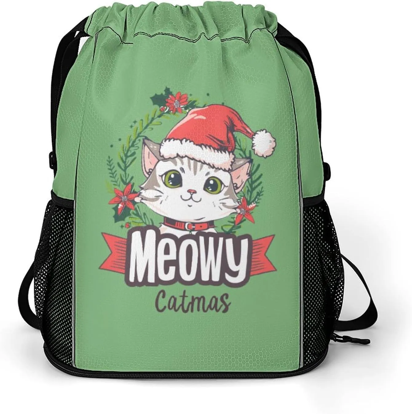 Meowy Catmas Drawstring Backpack String Bag Sports Gym Sackpack with Side Pocket Shoes Compartment