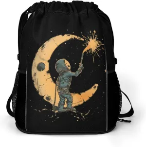 Moon Maintenance Welder Drawstring Backpack String Bag Sports Gym Sackpack with Side Pocket Shoes Compartment