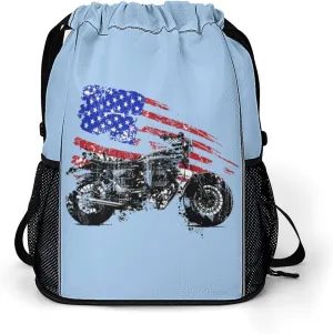 Motorcycle American Flag Drawstring Backpack String Bag Sports Gym Sackpack with Side Pocket Shoes Compartment