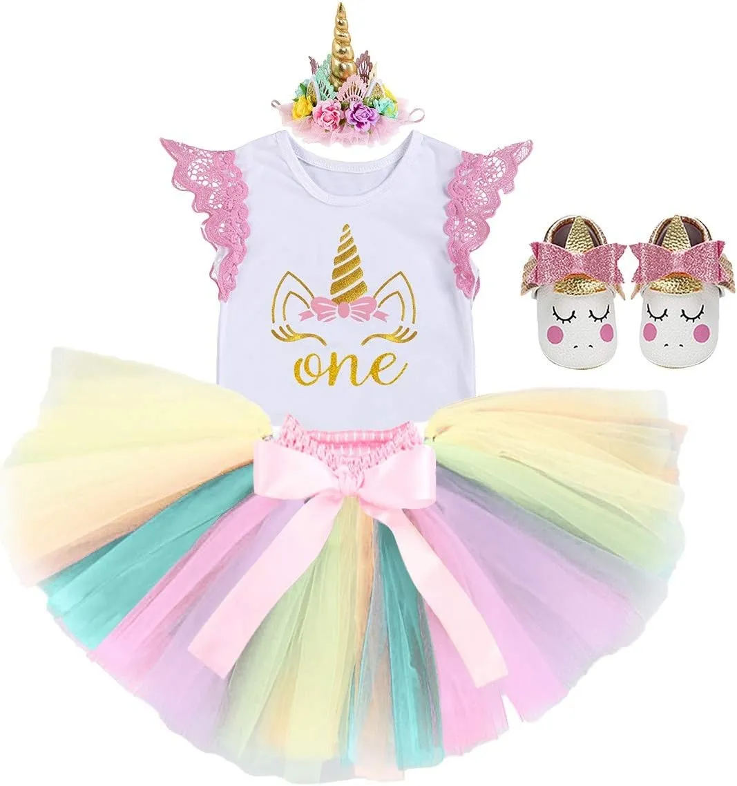 MYRISAM Baby Girls Birthday Cake Smash Unicorn Outfits Princess Romper Bodysuit Rainbow Skirt Unicorn Headband (Shoes)
