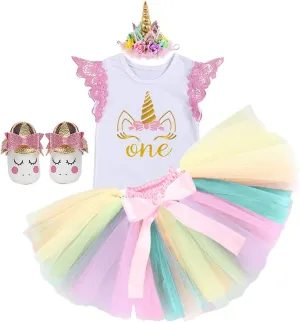 MYRISAM Baby Girls Birthday Cake Smash Unicorn Outfits Princess Romper Bodysuit Rainbow Skirt Unicorn Headband (Shoes)
