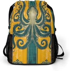 Octopus Yellow Green Ethnic Traditional Pattern Drawstring Backpack String Bag Sports Gym Sackpack with Side Pocket Shoes Compartment