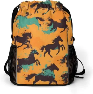 Orange Camouflage Horse Racing Drawstring Backpack String Bag Sports Gym Sackpack with Side Pocket Shoes Compartment