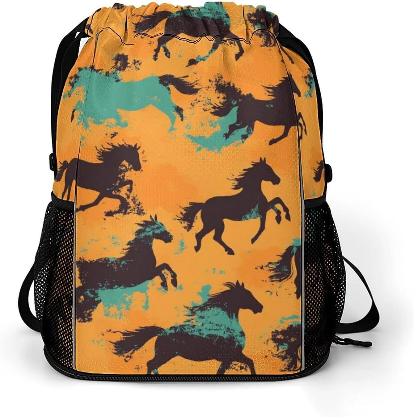 Orange Camouflage Horse Racing Drawstring Backpack String Bag Sports Gym Sackpack with Side Pocket Shoes Compartment