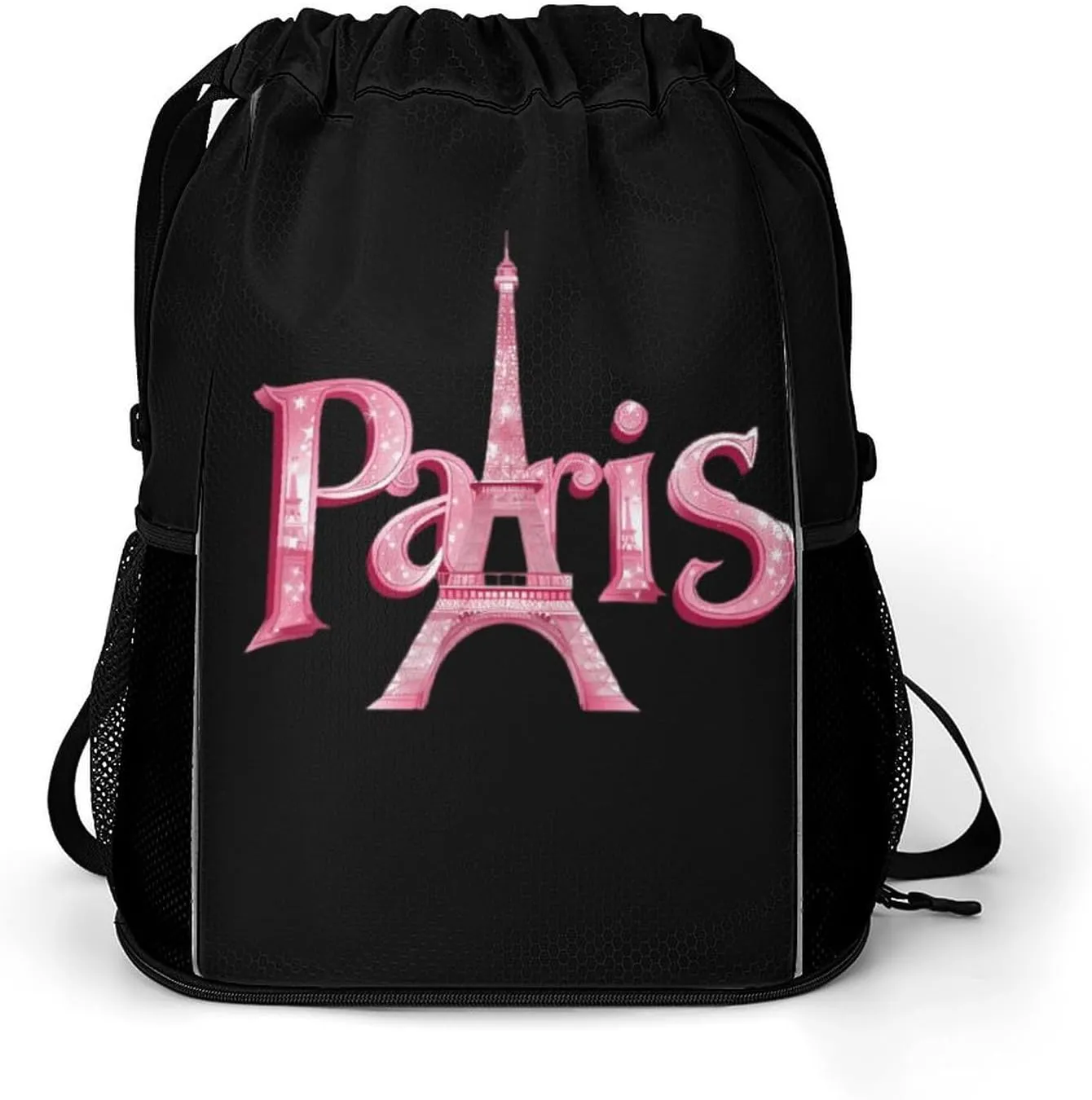 Paris with Eiffel Tower Drawstring Backpack String Bag Sports Gym Sackpack with Side Pocket Shoes Compartment