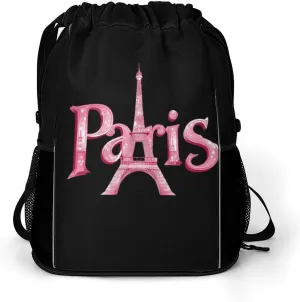 Paris with Eiffel Tower Drawstring Backpack String Bag Sports Gym Sackpack with Side Pocket Shoes Compartment