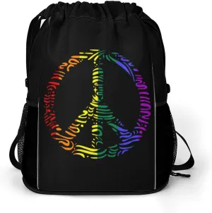 Peace LGBT Rainbow Flag Drawstring Backpack String Bag Sports Gym Sackpack with Side Pocket Shoes Compartment