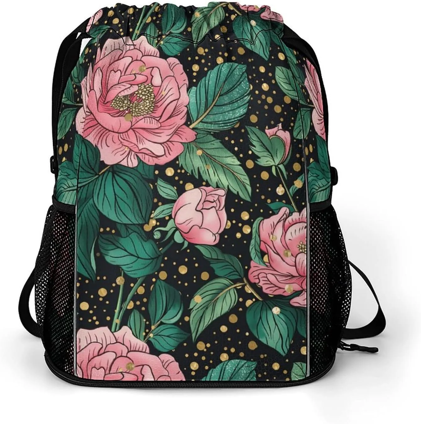 Peonies Peony Flowers Drawstring Backpack String Bag Sports Gym Sackpack with Side Pocket Shoes Compartment
