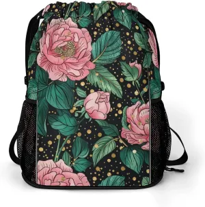 Peonies Peony Flowers Drawstring Backpack String Bag Sports Gym Sackpack with Side Pocket Shoes Compartment