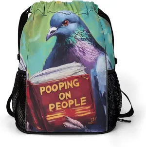 Pigeons Reading Pooping On People Drawstring Backpack String Bag Sports Gym Sackpack with Side Pocket Shoes Compartment