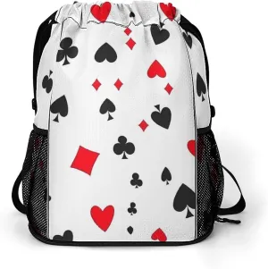 Poker Hearts Patterns Drawstring Backpack String Bag Sports Gym Sackpack with Side Pocket Shoes Compartment
