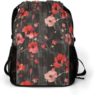 Poppy Flower Black White Checkered Drawstring Backpack String Bag Sports Gym Sackpack with Side Pocket Shoes Compartment