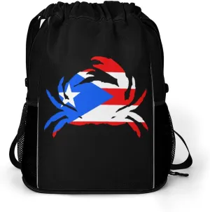 P.R. Crab Puerto.Rico Flag Drawstring Backpack String Bag Sports Gym Sackpack with Side Pocket Shoes Compartment