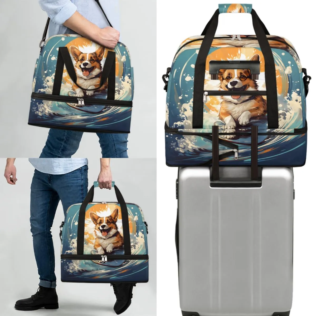 Puppy Animal Foldable Travel Duffel Bag Overnight Weekender Bag with Shoes Compartment Sports Gym Bag for Men Women