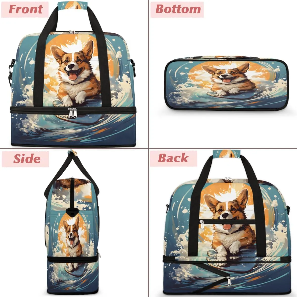 Puppy Animal Foldable Travel Duffel Bag Overnight Weekender Bag with Shoes Compartment Sports Gym Bag for Men Women