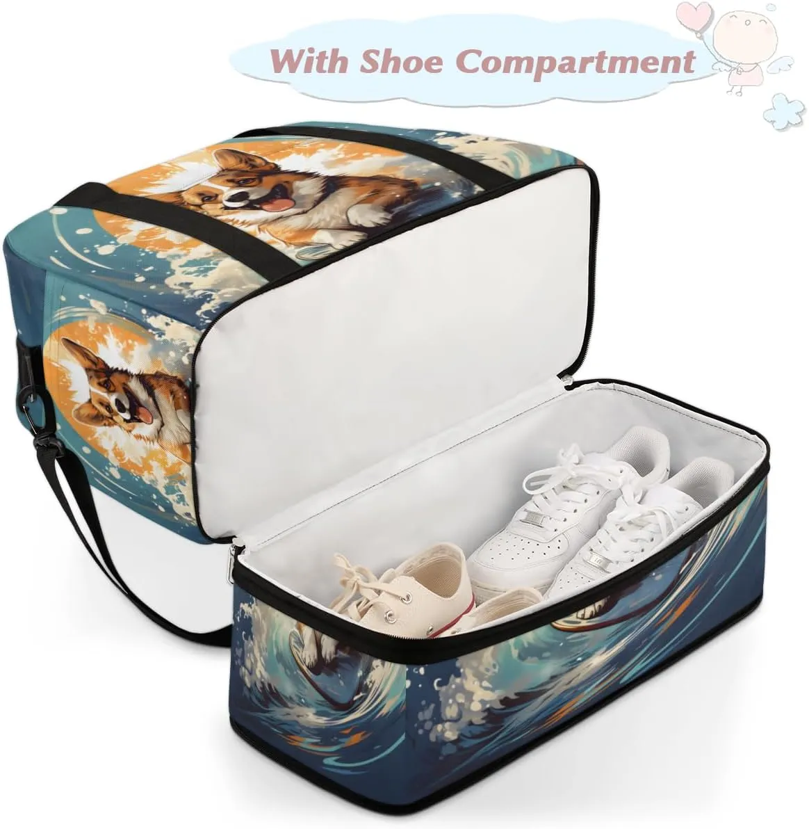 Puppy Animal Foldable Travel Duffel Bag Overnight Weekender Bag with Shoes Compartment Sports Gym Bag for Men Women