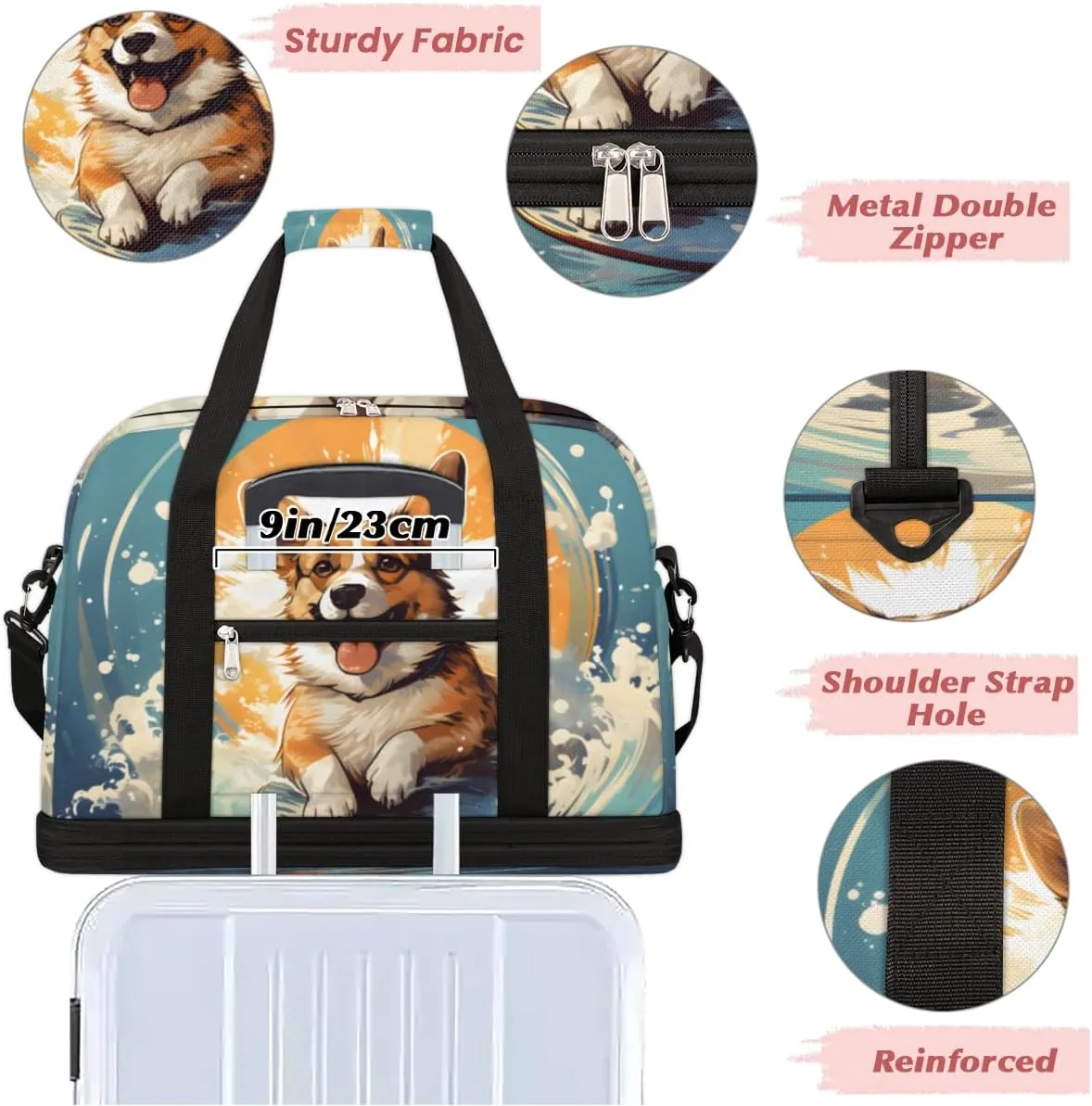 Puppy Animal Foldable Travel Duffel Bag Overnight Weekender Bag with Shoes Compartment Sports Gym Bag for Men Women