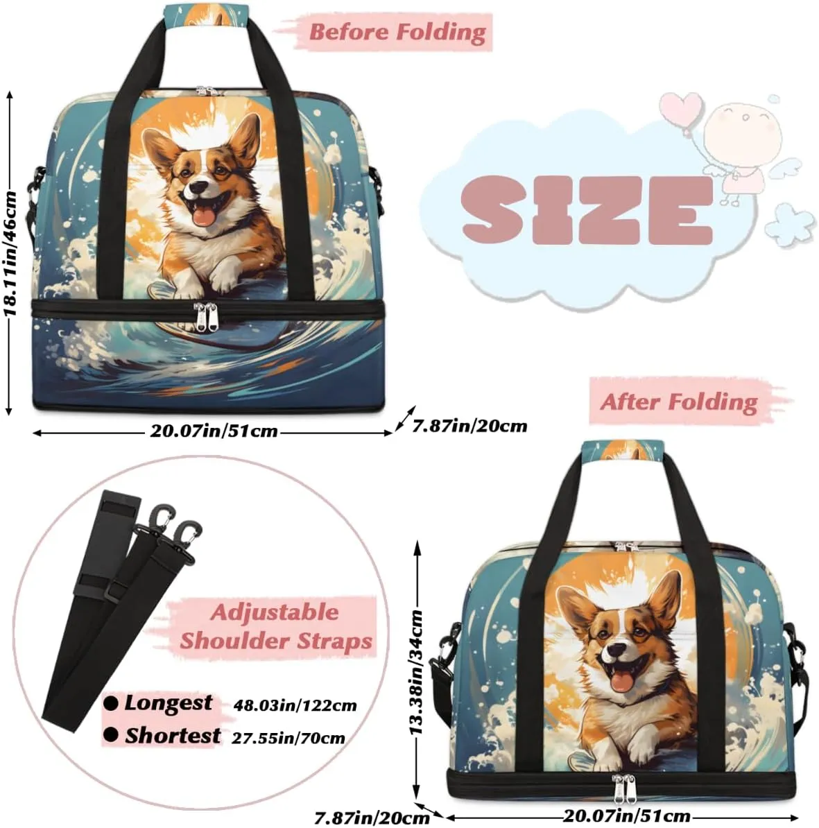 Puppy Animal Foldable Travel Duffel Bag Overnight Weekender Bag with Shoes Compartment Sports Gym Bag for Men Women