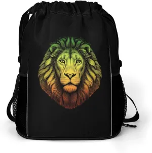 Rasta Lion Head Drawstring Backpack String Bag Sports Gym Sackpack with Side Pocket Shoes Compartment