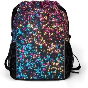 Red Blue Glitter Drawstring Backpack String Bag Sports Gym Sackpack with Side Pocket Shoes Compartment