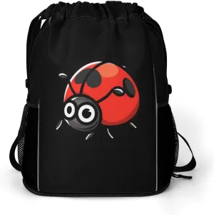 Red Ladybug Drawstring Backpack String Bag Sports Gym Sackpack with Side Pocket Shoes Compartment