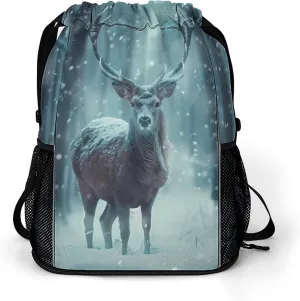 Reindeer in A Blizzard Drawstring Backpack String Bag Sports Gym Sackpack with Side Pocket Shoes Compartment