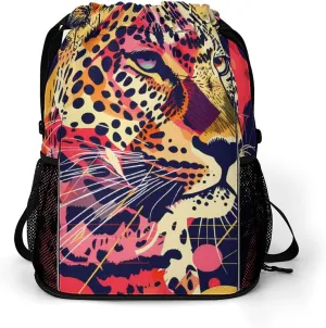 Rock Cheetah Art Geometry Drawstring Backpack String Bag Sports Gym Sackpack with Side Pocket Shoes Compartment