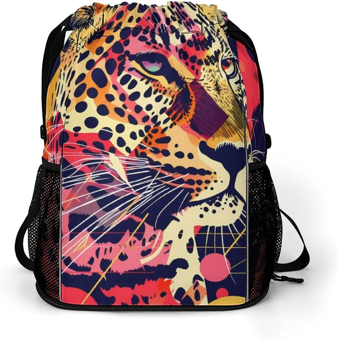 Rock Cheetah Art Geometry Drawstring Backpack String Bag Sports Gym Sackpack with Side Pocket Shoes Compartment