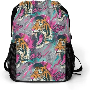Rock Tiger Head Graffiti Drawstring Backpack String Bag Sports Gym Sackpack with Side Pocket Shoes Compartment