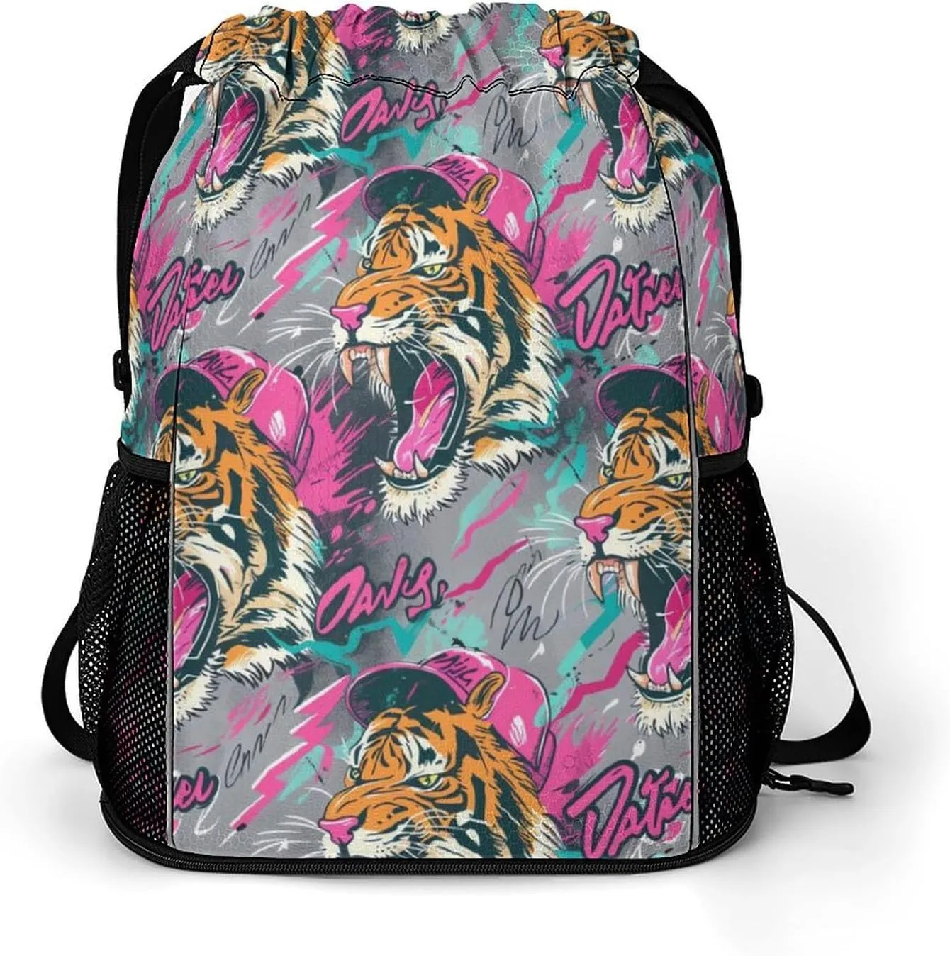 Rock Tiger Head Graffiti Drawstring Backpack String Bag Sports Gym Sackpack with Side Pocket Shoes Compartment