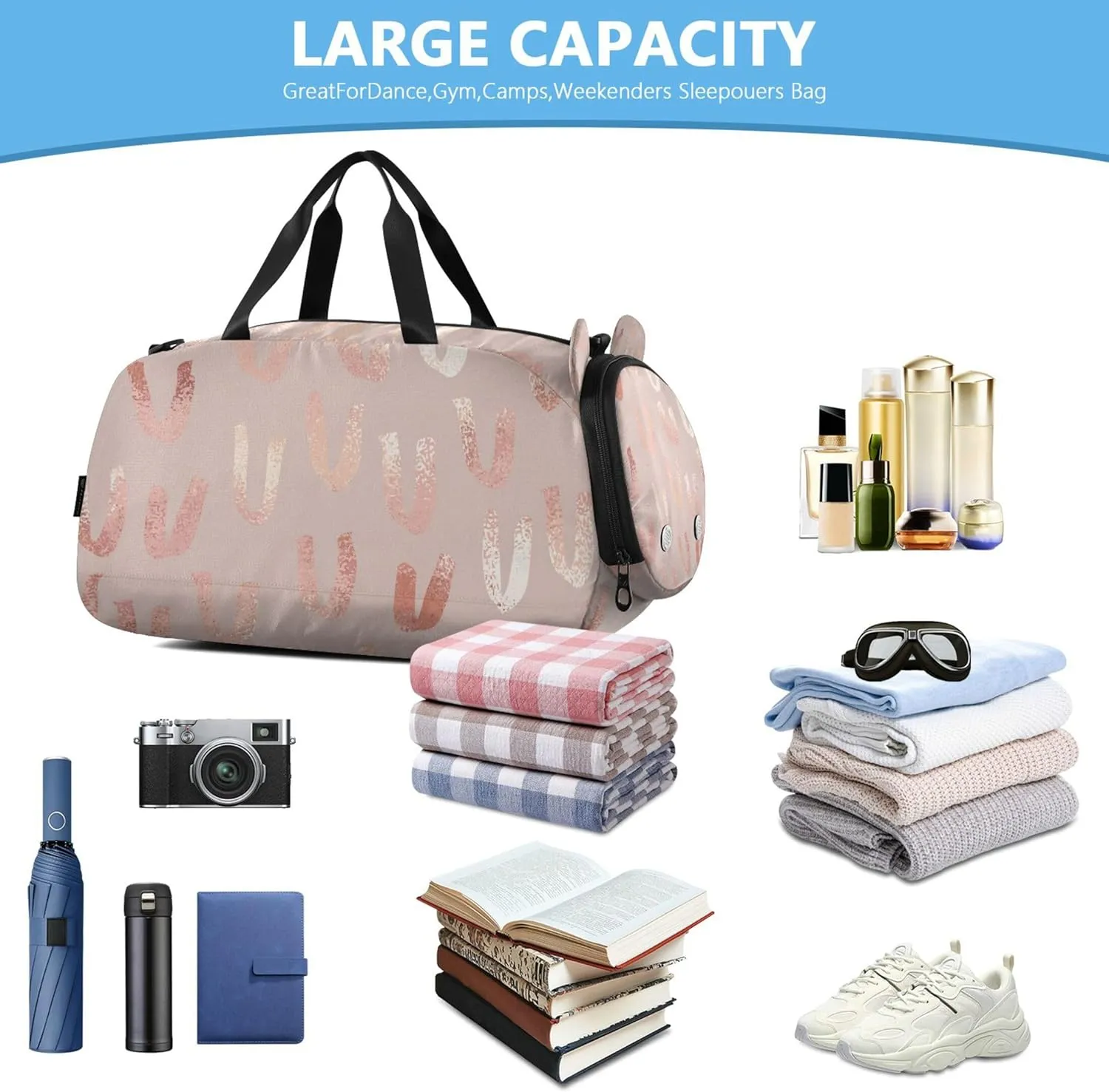 Rose Gold Duffel Gym Bags with Shoes Compartment Large Capacity Overnight Bag for Boys and Girls