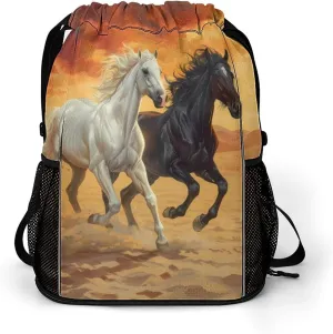 Running White And Black Horses Drawstring Backpack String Bag Sports Gym Sackpack with Side Pocket Shoes Compartment