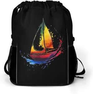 Sailboat Rainbow Boat Drawstring Backpack String Bag Sports Gym Sackpack with Side Pocket Shoes Compartment