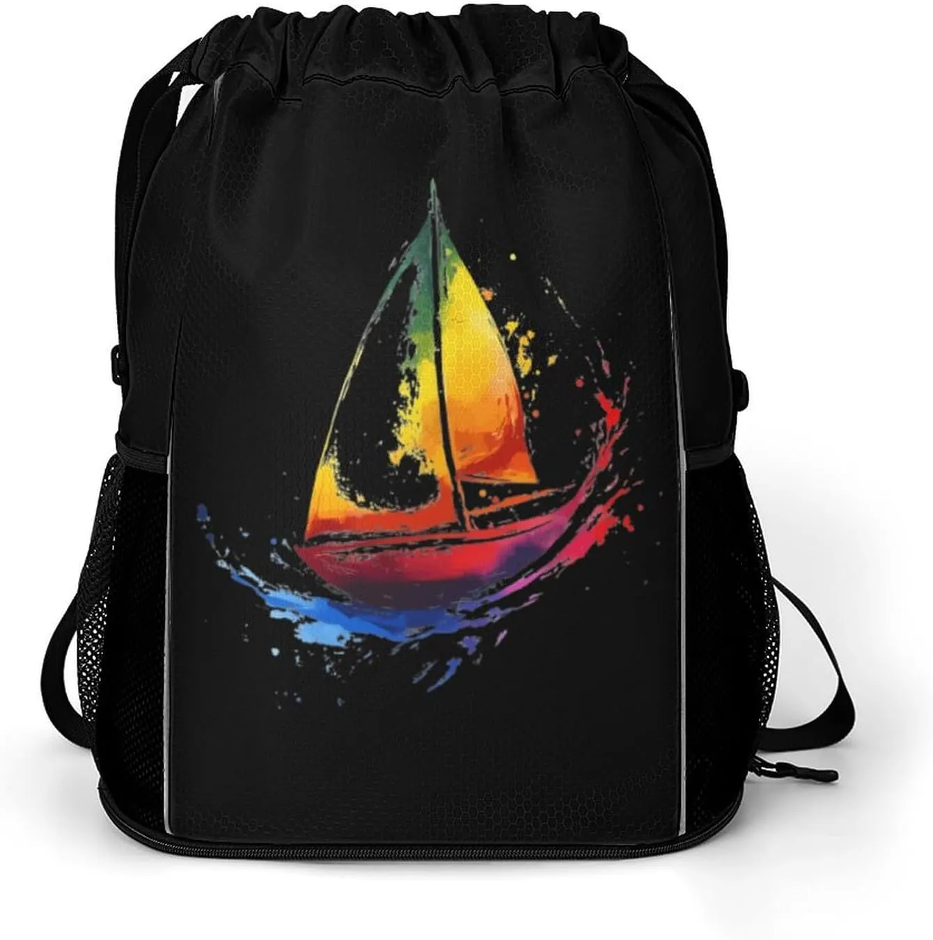 Sailboat Rainbow Boat Drawstring Backpack String Bag Sports Gym Sackpack with Side Pocket Shoes Compartment