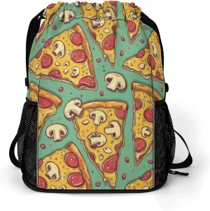 Sausage And Mushroom Pizza Slices Drawstring Backpack String Bag Sports Gym Sackpack with Side Pocket Shoes Compartment