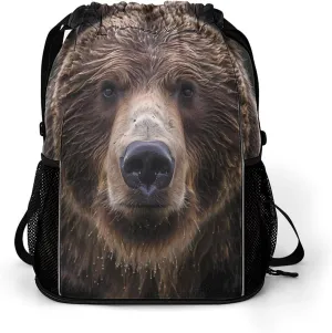 Serious Brown Bear Face Drawstring Backpack String Bag Sports Gym Sackpack with Side Pocket Shoes Compartment