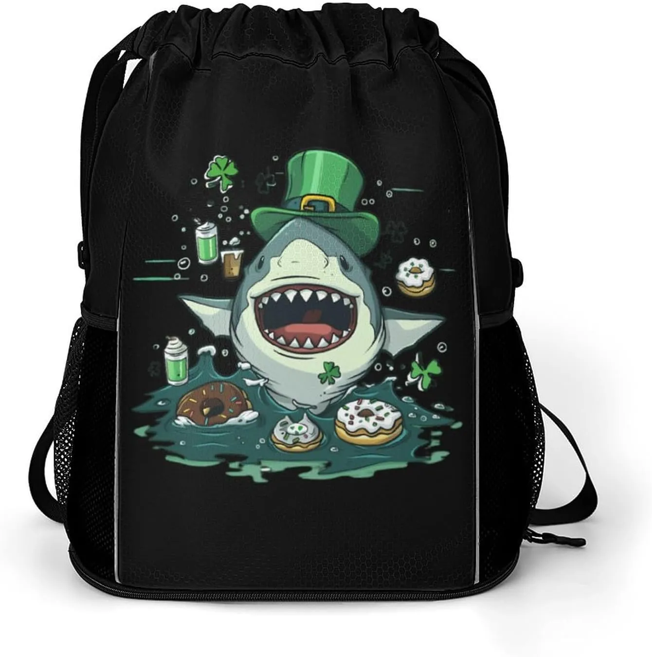 Shark St. Patrick's Day Party Drawstring Backpack String Bag Sports Gym Sackpack with Side Pocket Shoes Compartment