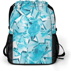 Shattered Cyan Glass Pieces Drawstring Backpack String Bag Sports Gym Sackpack with Side Pocket Shoes Compartment