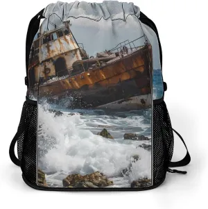 Shipwreck Waves Reef Drawstring Backpack String Bag Sports Gym Sackpack with Side Pocket Shoes Compartment