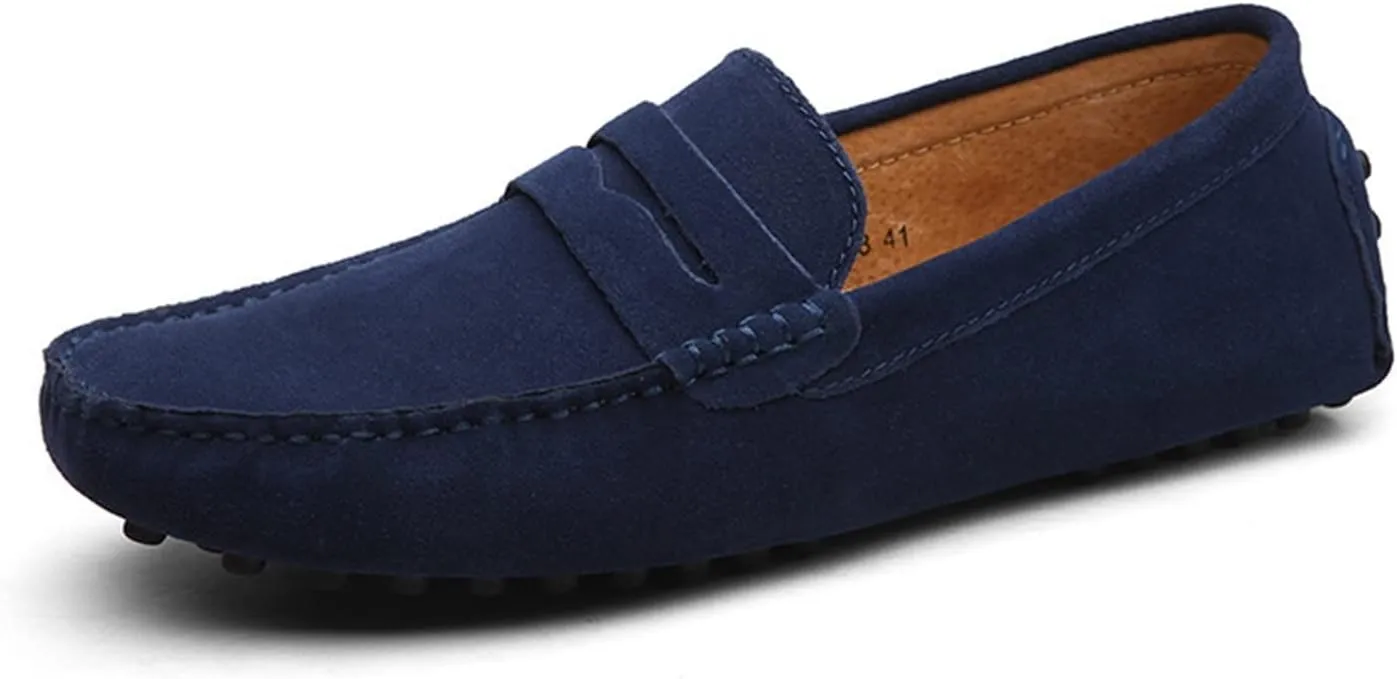 Shoes Smoking Loafer for Men Genuine Leather Suede Vamp Penny Loafer Stitching Details Round Toe Resistant Flat Heel Comfortable Casual Slip On for Any Attire