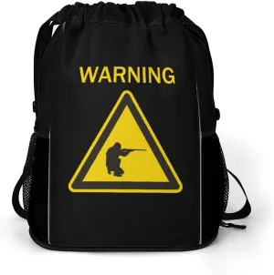 Shooting Warning Drawstring Backpack String Bag Sports Gym Sackpack with Side Pocket Shoes Compartment
