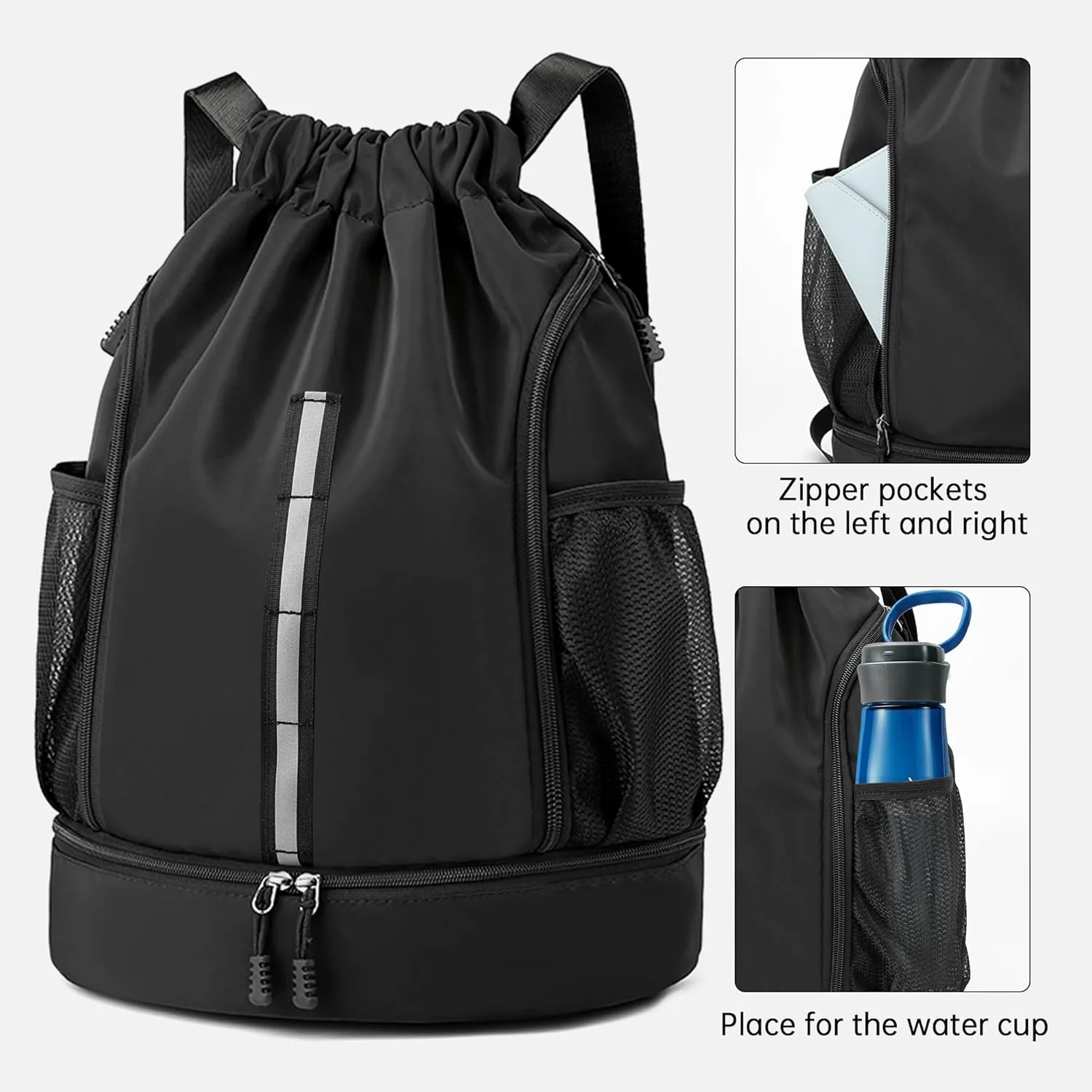 Sport Gym Bag Water Resistant Drawstring Backpack for Men Women Children with Shoes Compartment (Black)