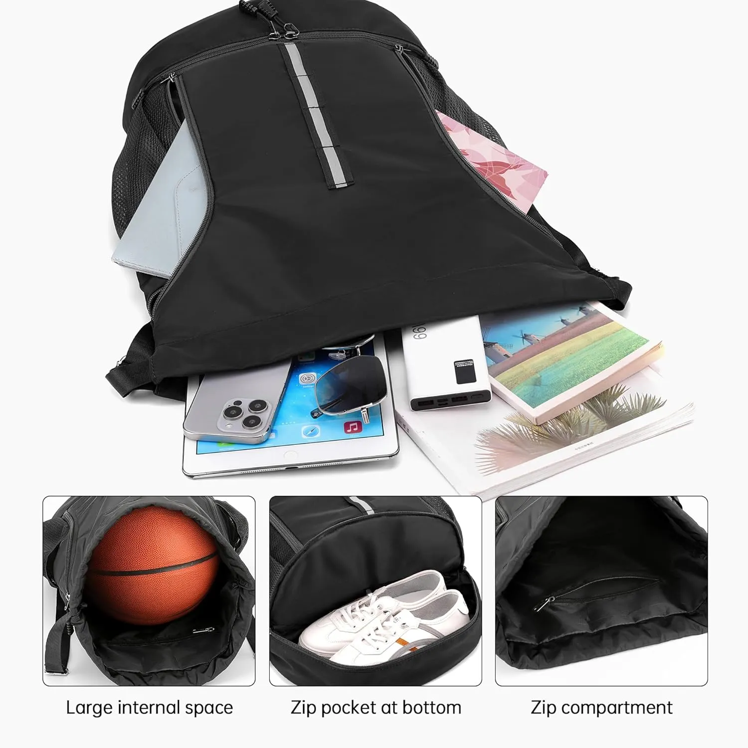 Sport Gym Bag Water Resistant Drawstring Backpack for Men Women Children with Shoes Compartment (Black)