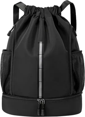 Sport Gym Bag Water Resistant Drawstring Backpack for Men Women Children with Shoes Compartment (Black)
