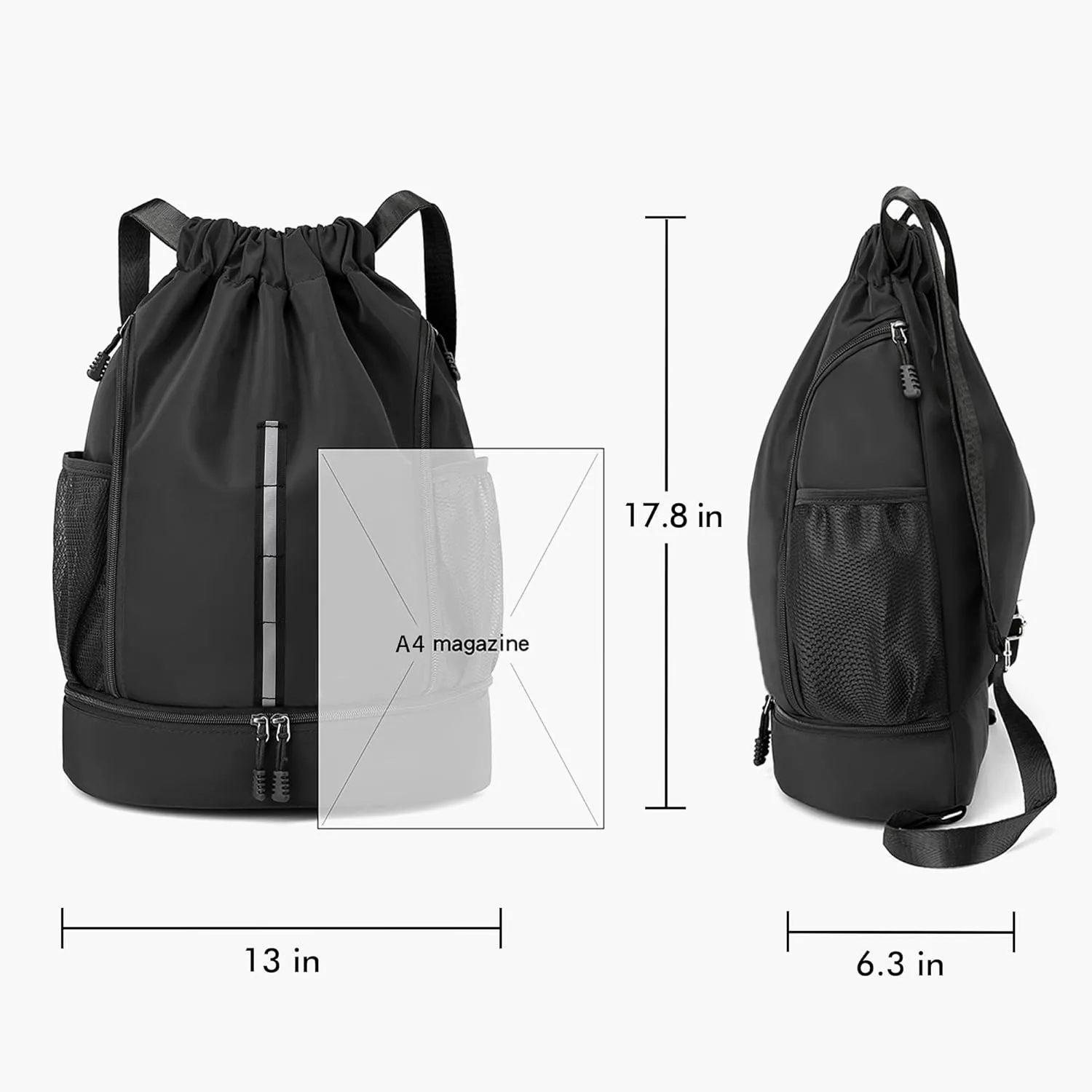Sport Gym Bag Water Resistant Drawstring Backpack for Men Women Children with Shoes Compartment (Black)