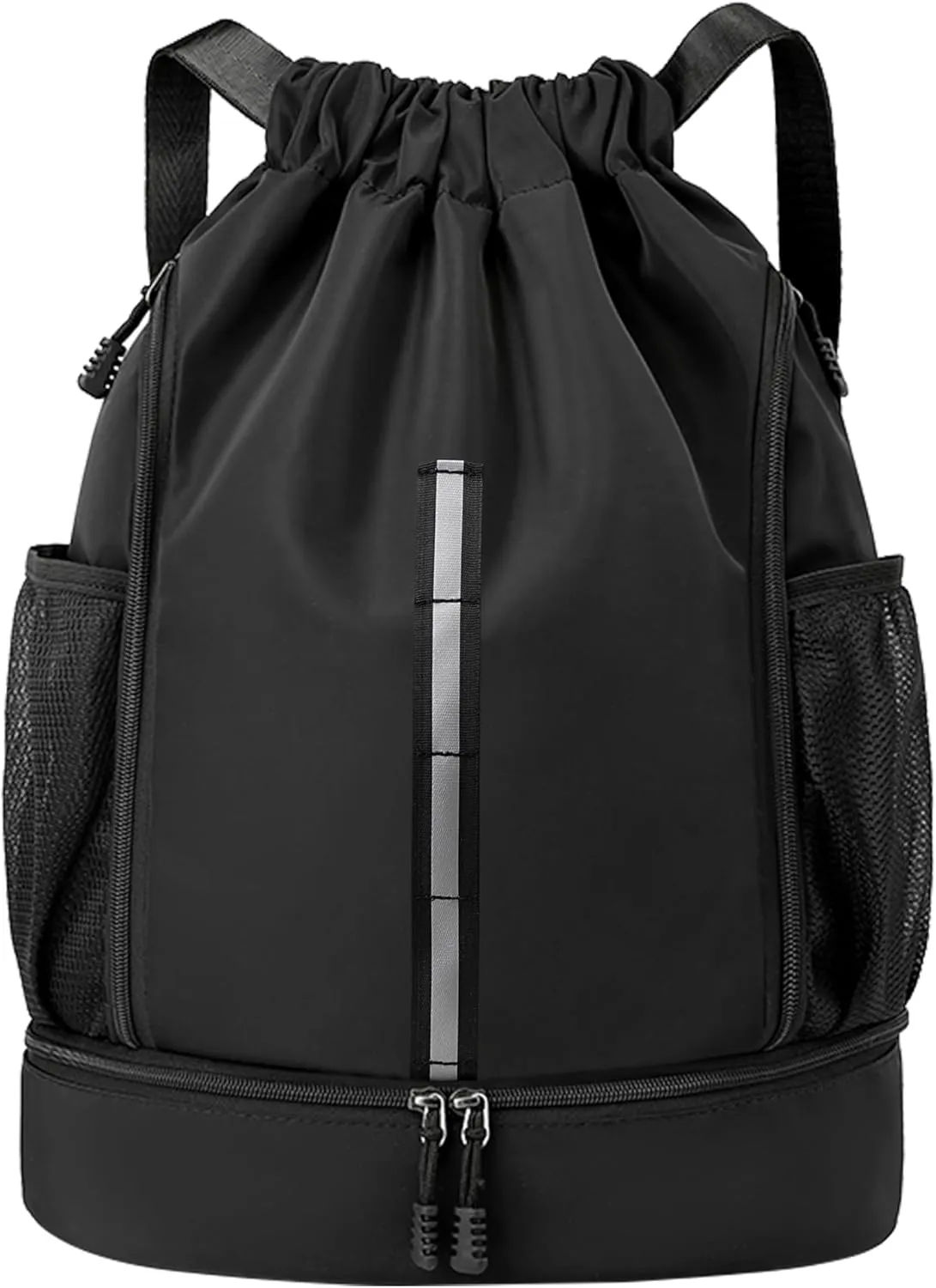 Sport Gym Bag Water Resistant Drawstring Backpack for Men Women Children with Shoes Compartment (Black)