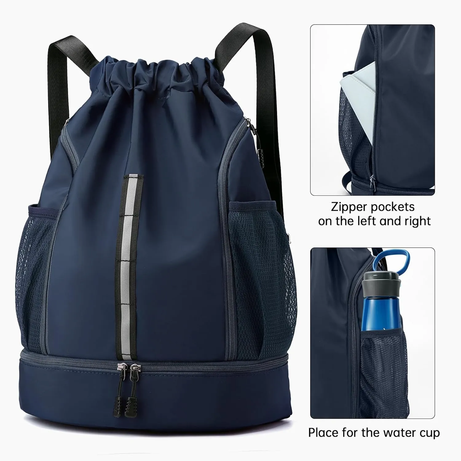 Sport Gym Bag Water Resistant Drawstring Backpack for Men Women Children with Shoes Compartment (Dark blue)