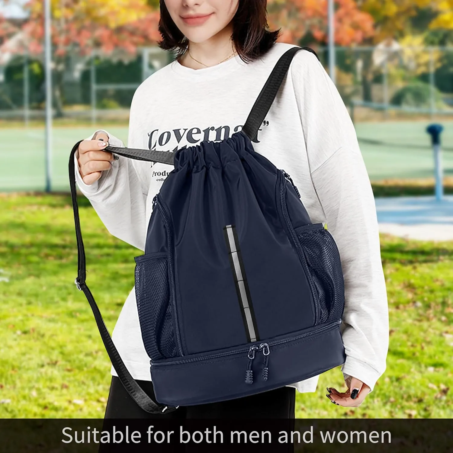 Sport Gym Bag Water Resistant Drawstring Backpack for Men Women Children with Shoes Compartment (Dark blue)