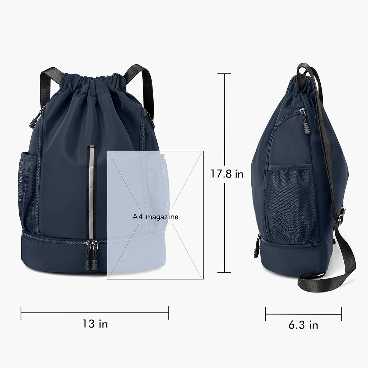 Sport Gym Bag Water Resistant Drawstring Backpack for Men Women Children with Shoes Compartment (Dark blue)