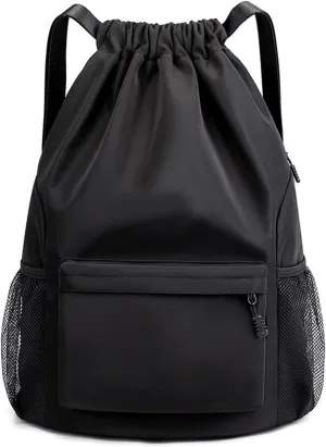 Sports Drawstring Backpack String Swimming Gym Bag Backpack with Shoes Compartment and Pocket for Men Women (Black-Small)